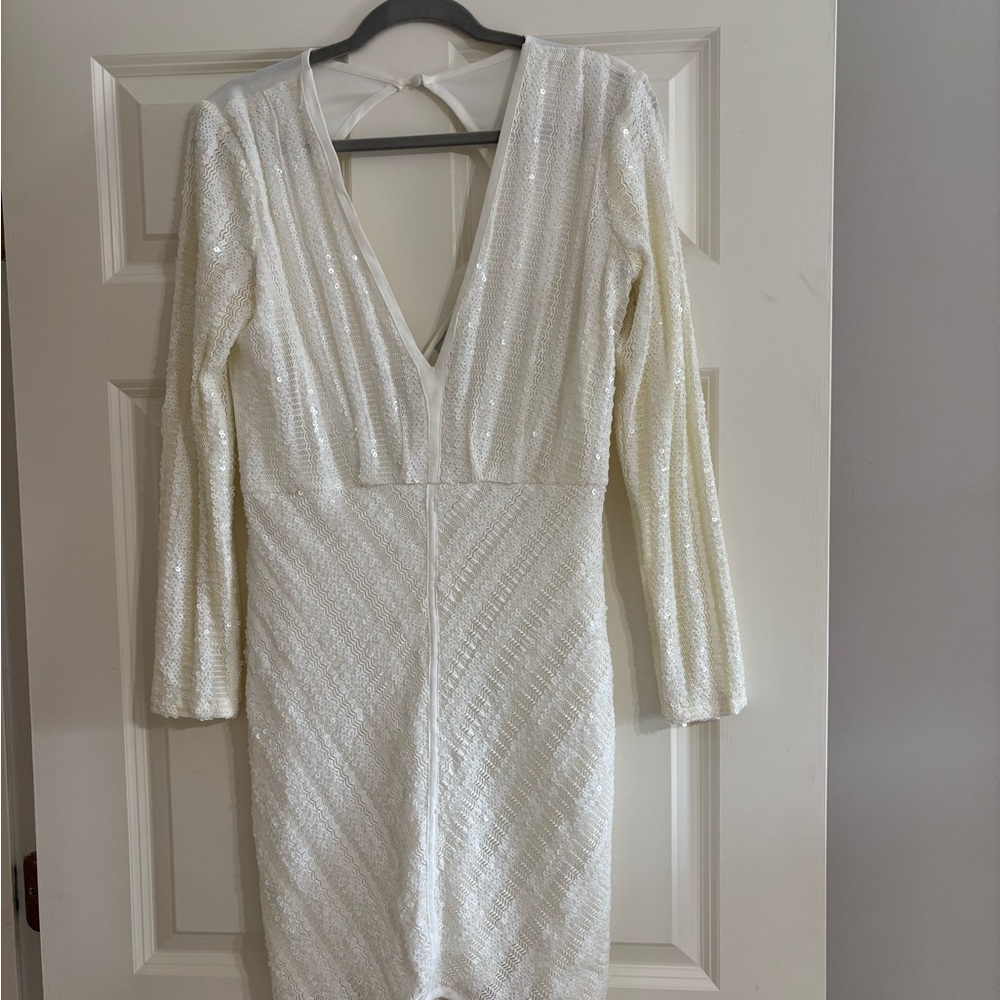 Ivory Sequin Long-Sleeve V-Neck Dress